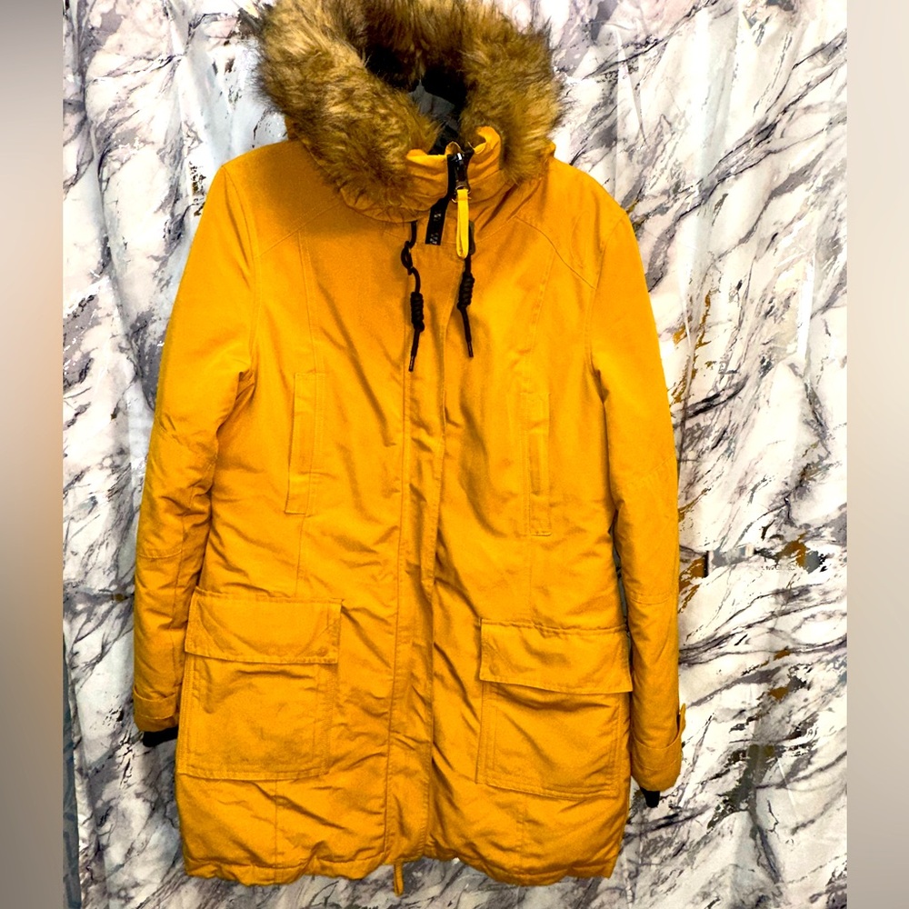 Revamped Outerwear animal fur Hood 3/4 length  Mustard yellow winter Parka L